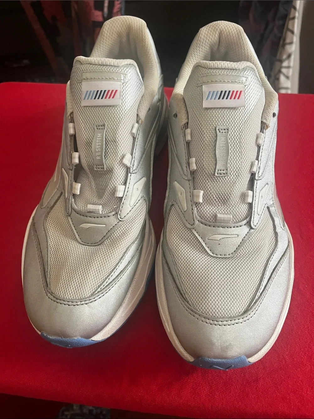Puma Silver Mesh Athletic Sneakers with Blue & Red Accents